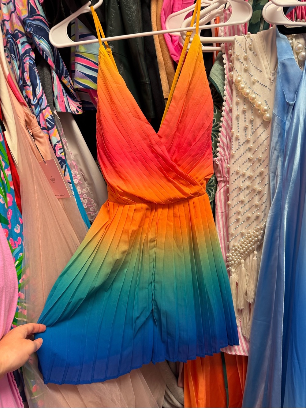 Rainbow Ombre Pleated One-Piece Tie Romper - Multicolor
